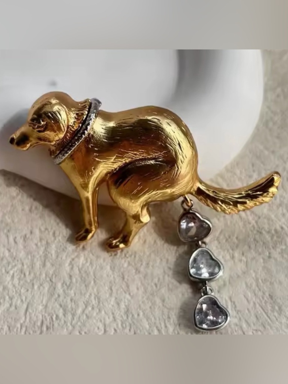 Gold Dog Charm Pendant with Heart Rhinestones